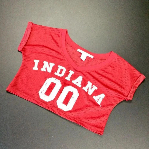 Chicka-D Womens Red Perforated Indiana Hoosiers V-Neck Cropped T-Shirt Small - Picture 1 of 9